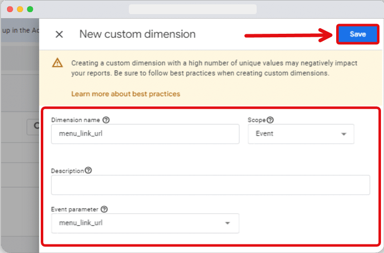 Page to set up new custom dimension