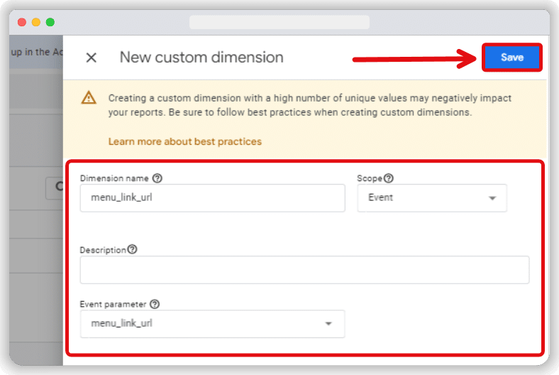 Page to set up new custom dimension