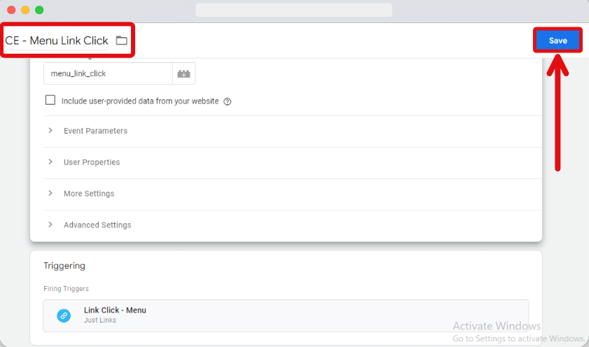 Setting up custom event name & 'Save' button highlighted