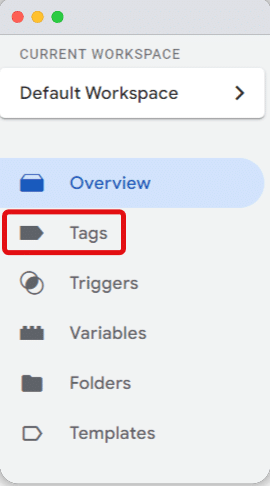 'Tag' option of a GTM account's toolbar highlighted 