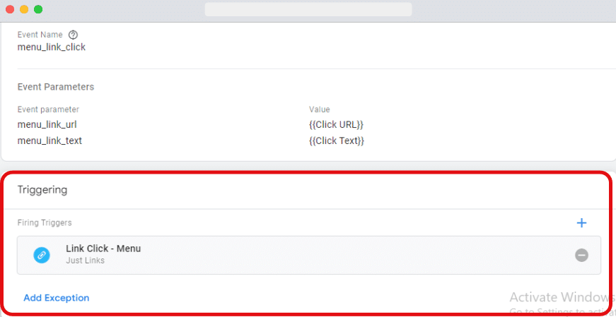 Triggering part highlighted in tag setting page