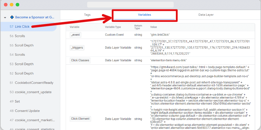 Variables tab is highlighted for a link click event in tag assistant preview page