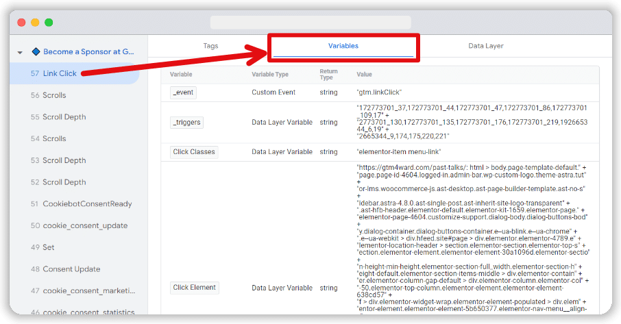 Variables tab is highlighted for a link click event in tag assistant preview page