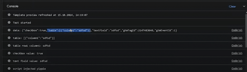Screenshot of console indicating input fields have successfully created