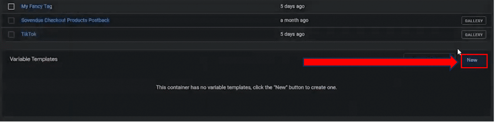 'New' button highlighted which is used to create new variable templates