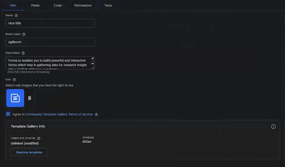 Info window of creating a new GTM template