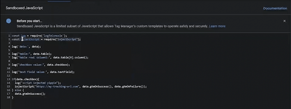 Screenshot of sandboxed javascript code snippet