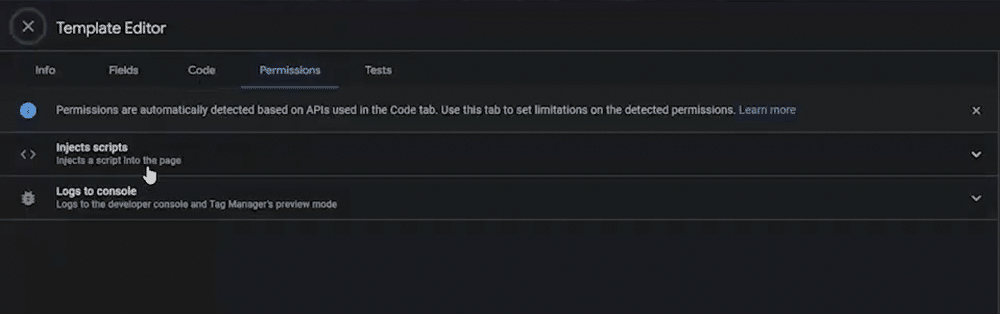 Template editor is showing permissions have automatically been detected message