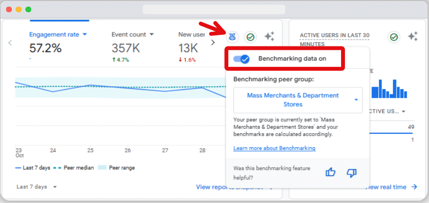Benchmarking data is on for a metric in ga4 home report