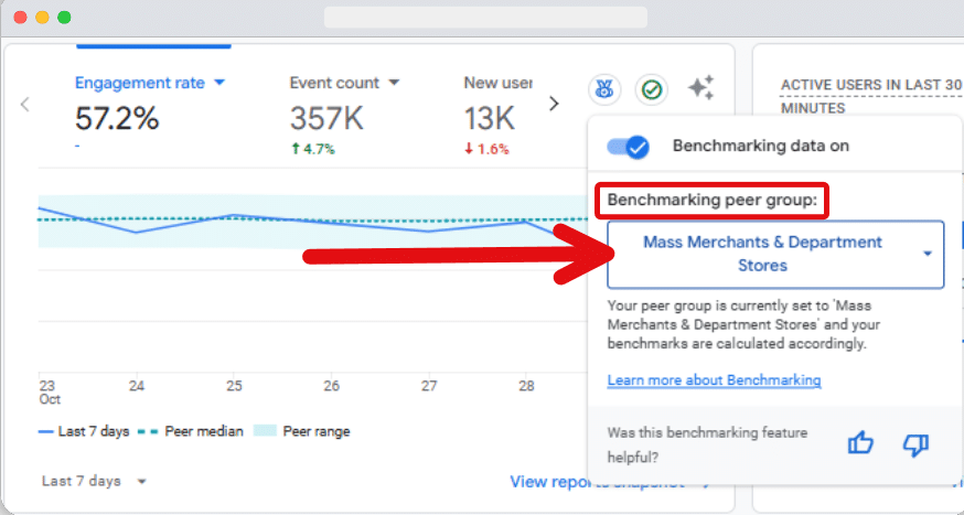 'Benchmarking peer group' drop down menu highlighted