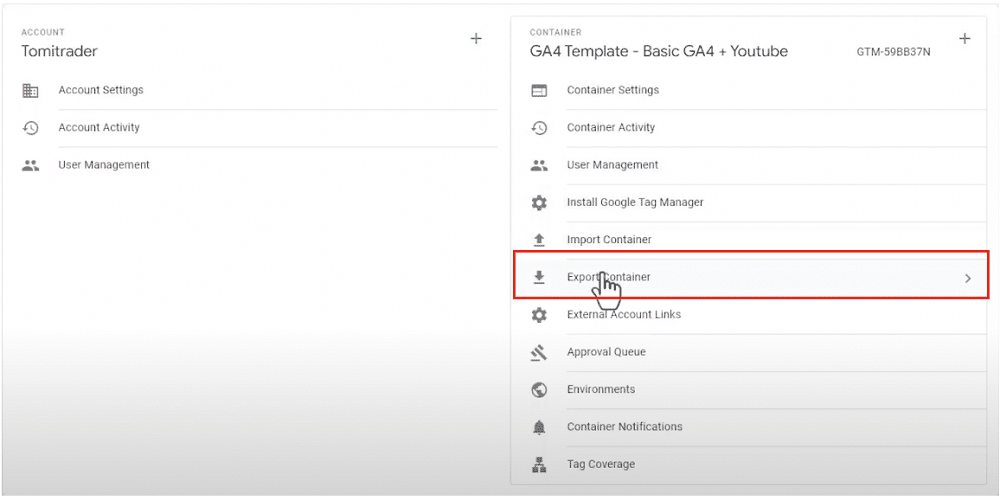 Option to export container highlighted in admin section of a GTM account