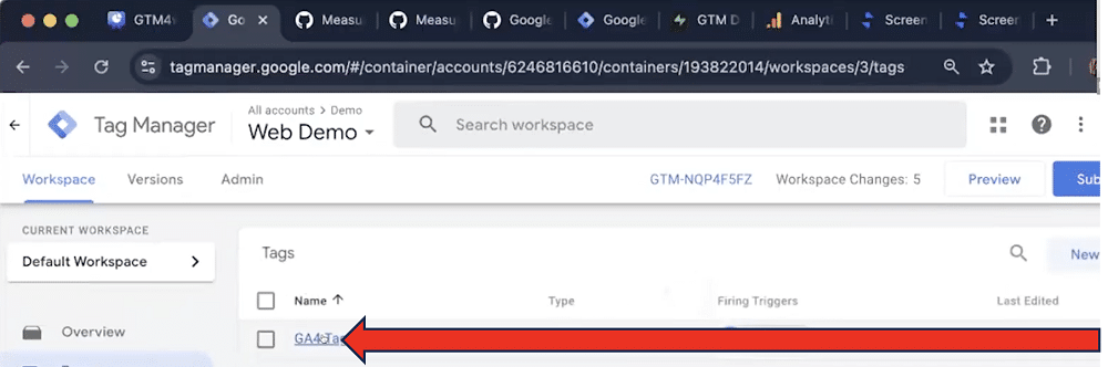 GA4 config tag is highlighted in a GTM account