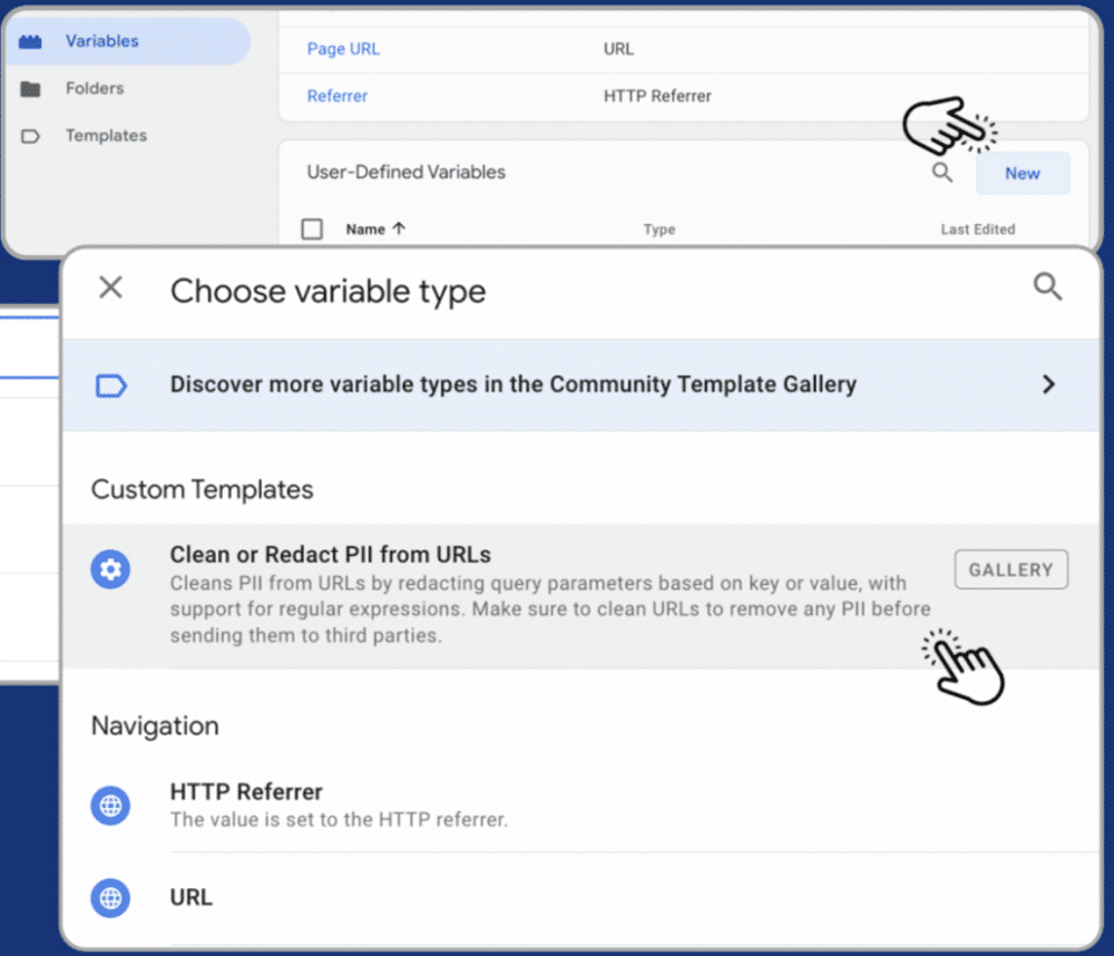 Steps to create a new user defined variable & choosing a custom template