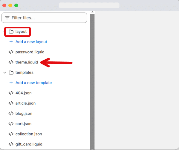 ‘theme.liquid’ option of the layout section of Shopify store's code highlighted