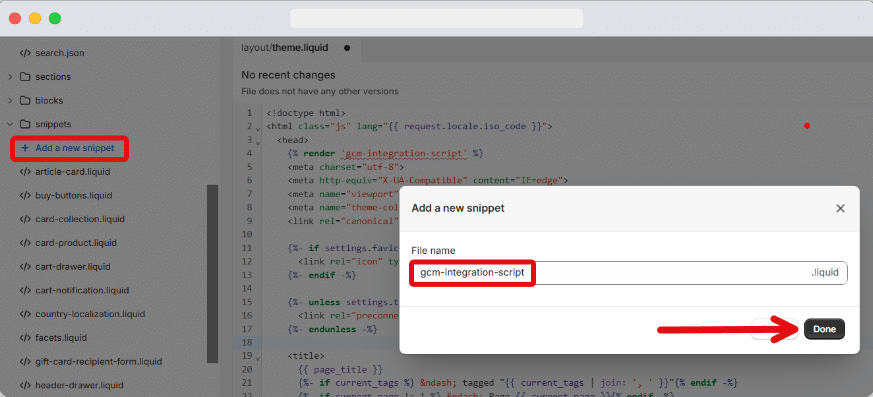 Adding a new snippet to shopify theme file
