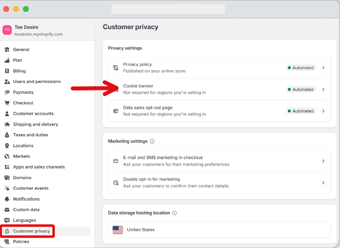 'Customer privacy' option in shopify store setting