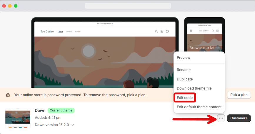 'Edit code' option highlighted from the popped up menu after clicking Three dots near to customise button