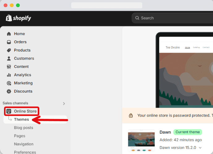 'Online store' option highlighted from a Shopify account's dashboard