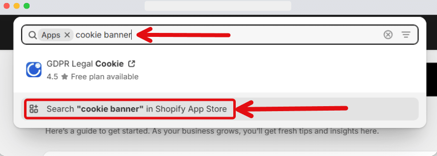 Search bar to put keywords for searching in Shopify app store