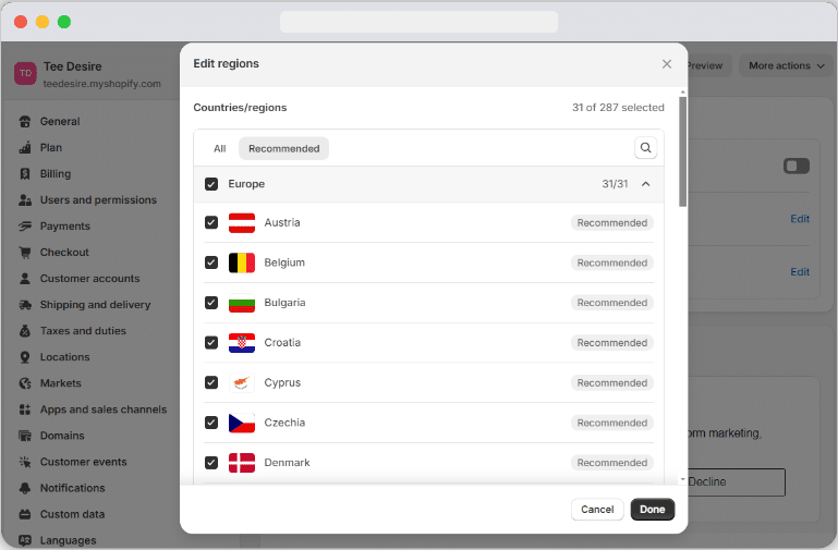 Select the regions for collection consent