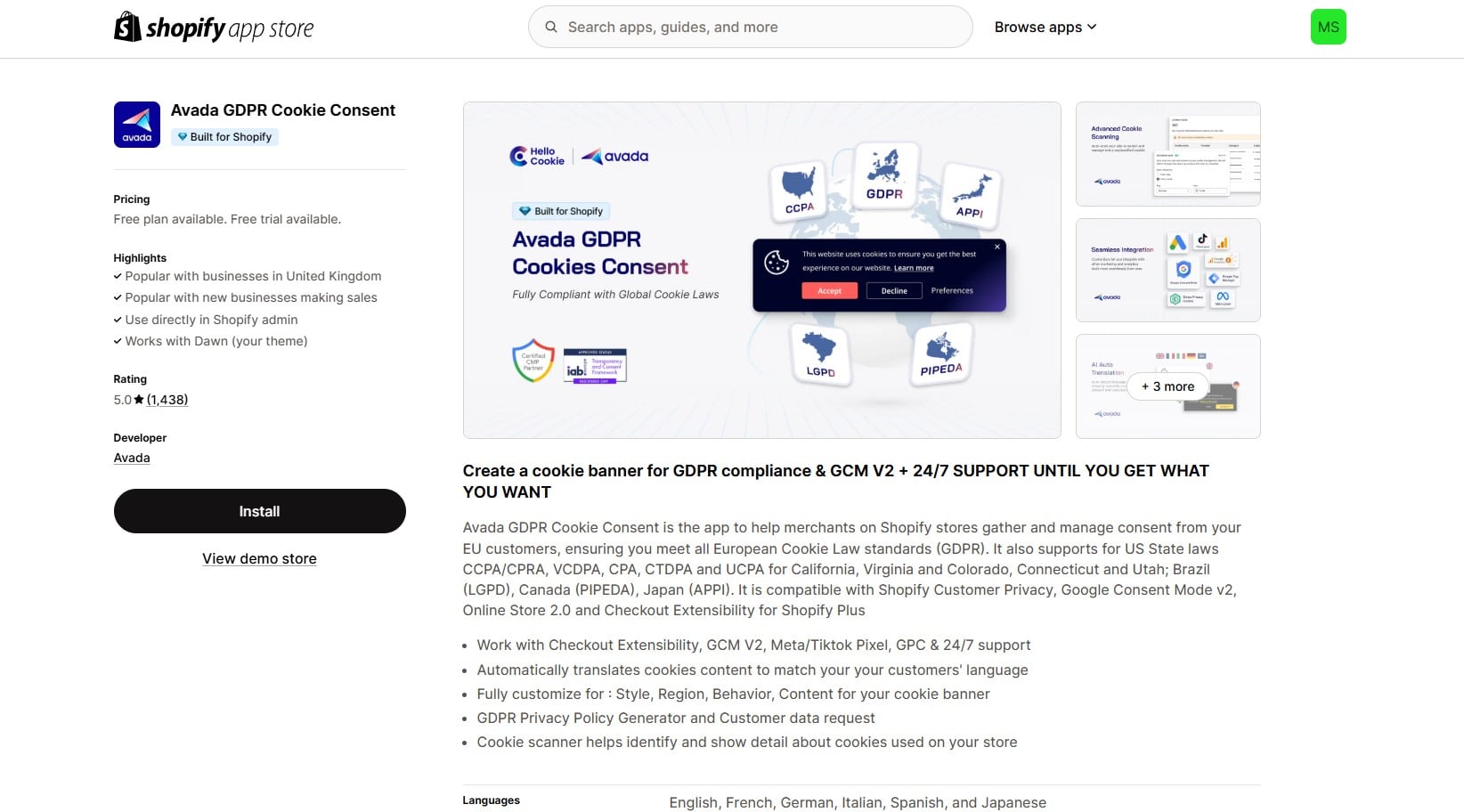 Avada GDPR cookie consent app page in Shopify app store