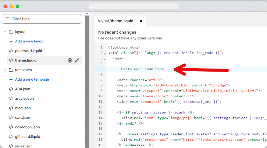 place to paste JS code in shopify theme for consent managemetn