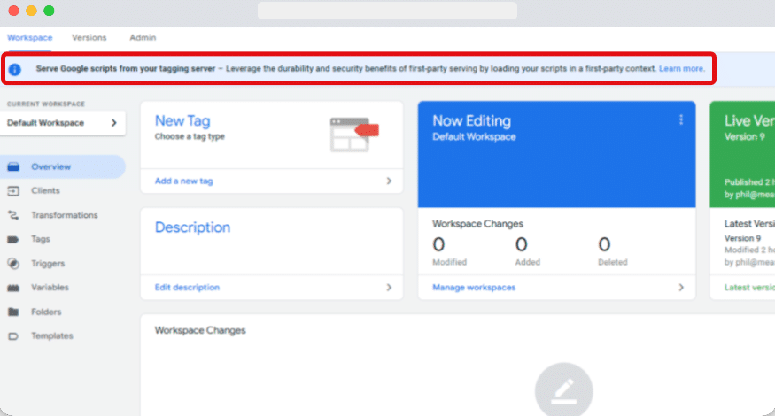 Alert message showing in server side google tag manager account asking people to use their new first party mode