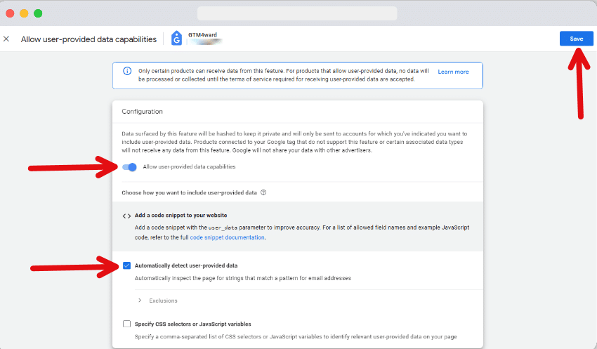 Checkbox to automatically detect user-provided data highlighted