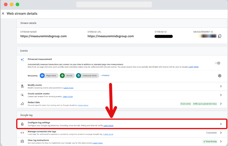 'Configure tag setting' highlighted in stream details section of a google analytics account