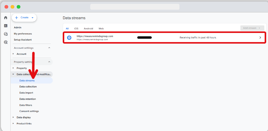Data stream highlighted in a google analytics admin section