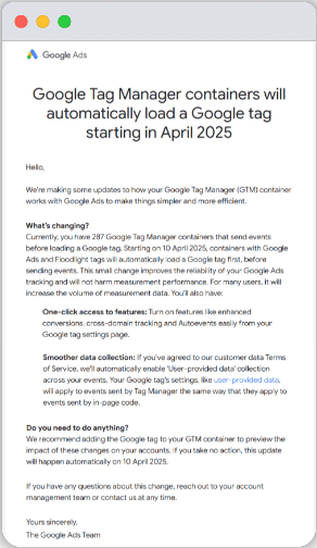 Email sent via Google team regarding google ads & floodlight tags update