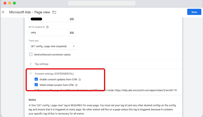 New consent settings of Microsoft UET tag template highlighted