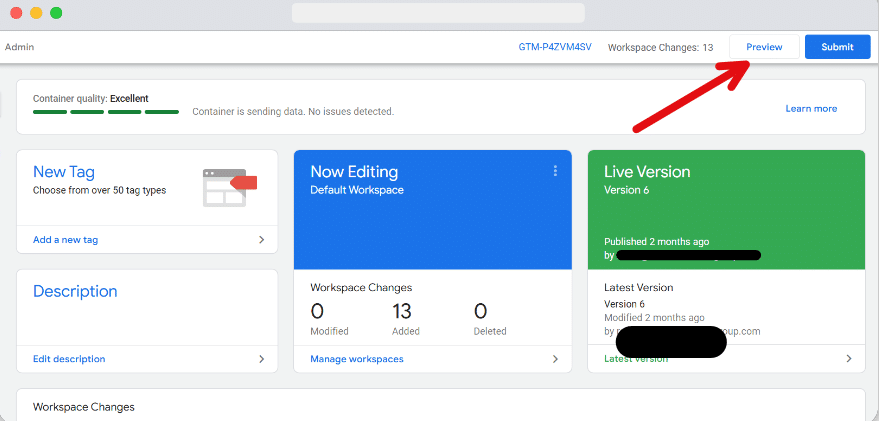 Preview mode button pointed in a GTM account