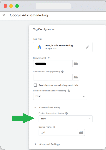 Screenshot of Google ads remarketing tag