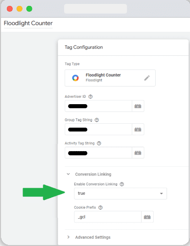 Screenshot of Google floodlight counter tag