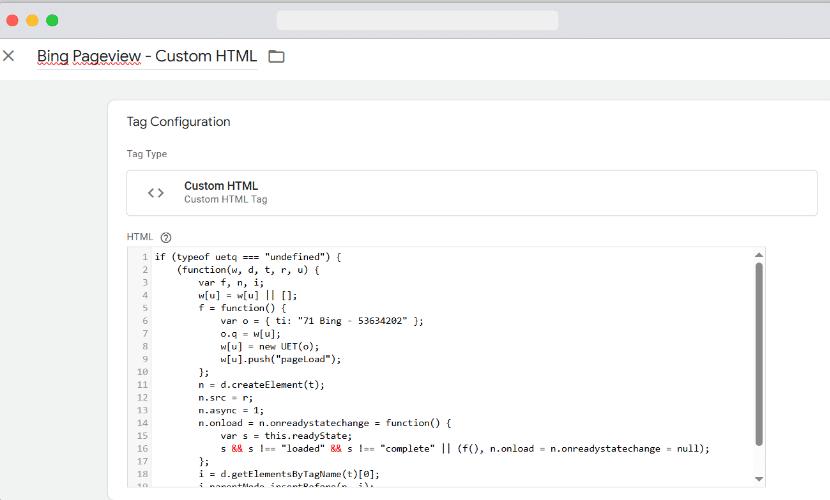 Screenshot of a Bing custom HTML tag