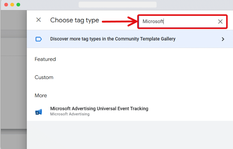 Search box of the tag template gallery highlighted