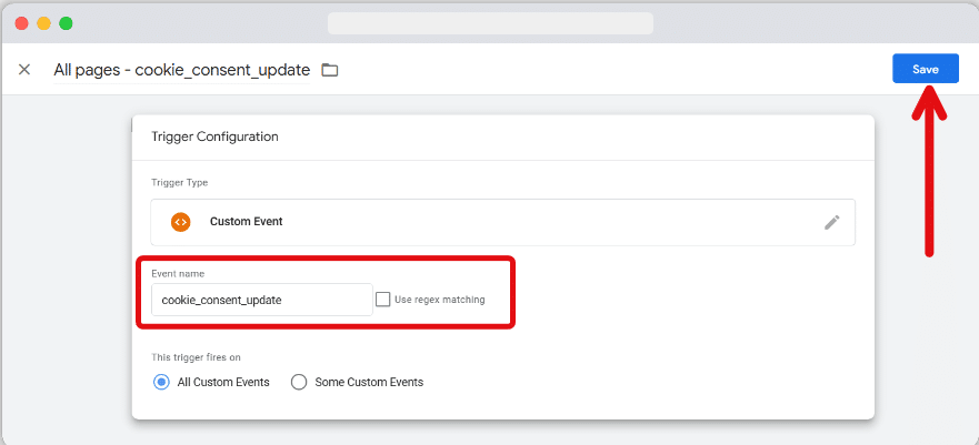 Setting up a custom trigger based on cookiebot content update status 
