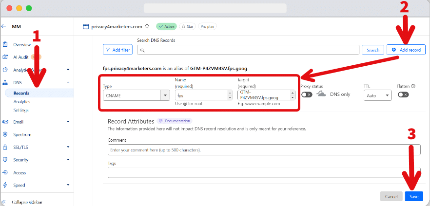 Steps of adding a new CNAME type DNS record in Cloudflare