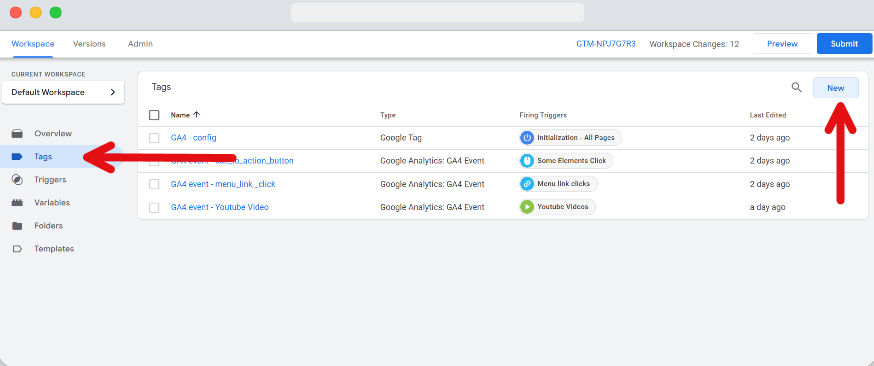 Steps to create a new tag highlighted with pointers