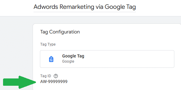 Tag id indicated for a google ads remarketing tag