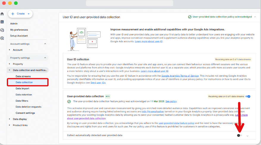 Toggle button to turn off collecting automatically-detected user-provided data in GA4