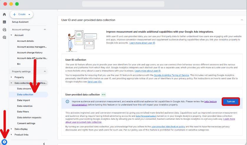 'Turn on' button highlighted in the data collection setting in GA4 admin section