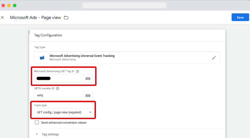 UET tag ID & track type field of Microsoft UET tag template highlighted