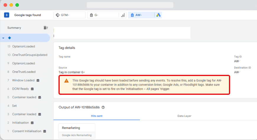 Warning message shown for google ads tag in GTM