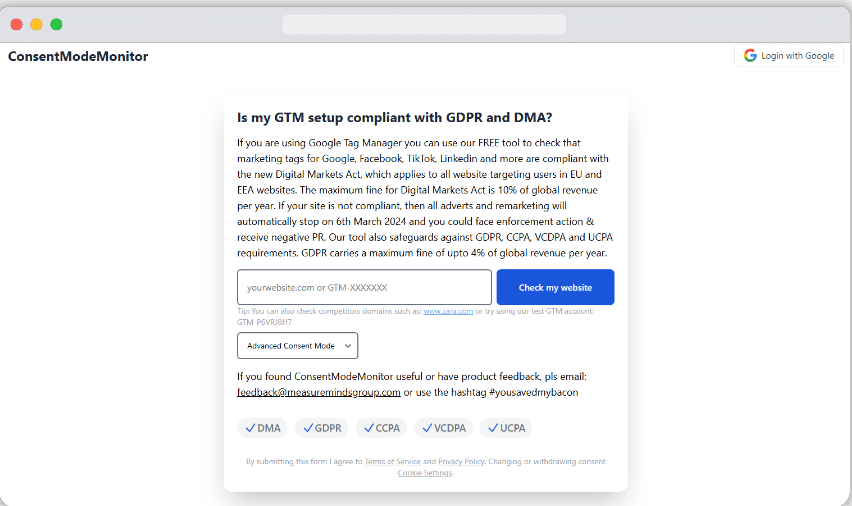 homepage of consent mode monitor