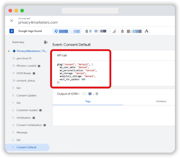 API call section of a event in the tag assitant preview tab