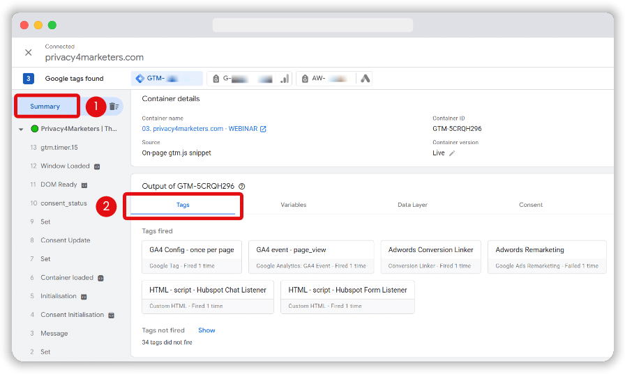 Tags section highlighted from the summary section of a page in GTM preview