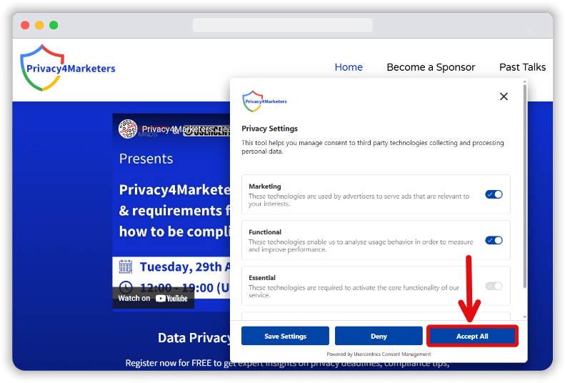 consent banner of a website