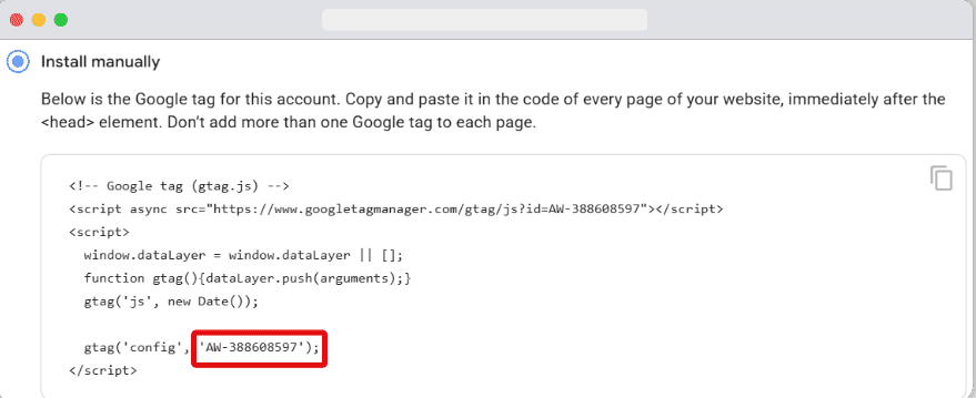AW id highlighted from the Google ads Google tag code snippet